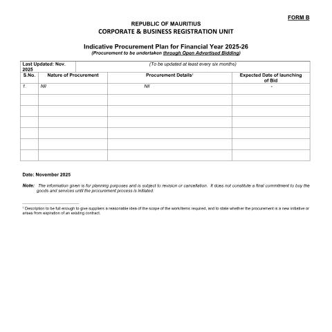 Document preview: Form_B_Amended_27 11 25_Indicative_APP_for_FY 2025-26 — Document, Mauritius (CERFA n°Form_B_Amended_27-11-25_Indicative_APP_for_FY-2025-26)