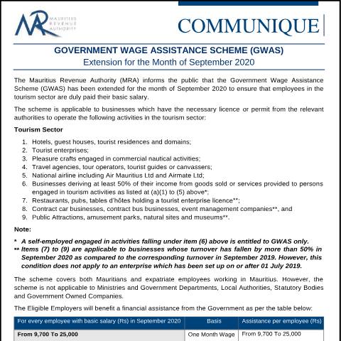 Document preview: Government Wage Assistance Scheme (GWAS) — Notice / Circular, Mauritius (CERFA n°CommuniqueGWAS131020)