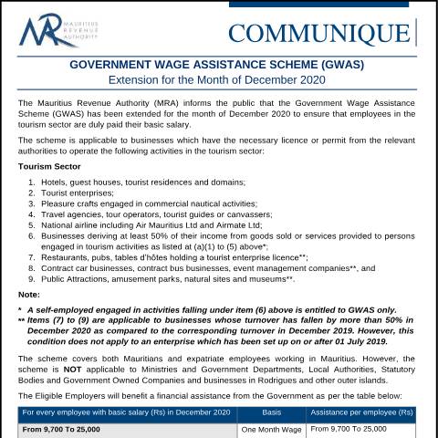 Document preview: Government Wage Assistance Scheme (GWAS) — Notice / Circular, Mauritius (CERFA n°CommuniqueGWAS161220)
