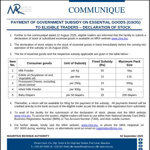 Document preview: Payment of Government Subsidy on Essential Goods (GSOG) to Eligible Traders - Declaration of Stock (02.09.25) — Form, Mauritius (CERFA n°Communique020925)