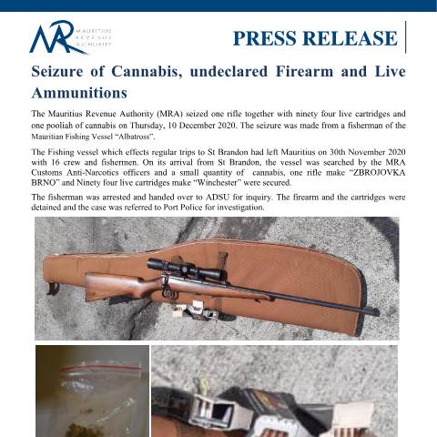 Document preview: Seizure of Cannabis, undeclared Firearm and Live Ammunitions (11.12.20) — Document, Mauritius (CERFA n°PressRelease111220)