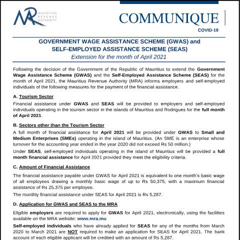 Document preview: Government Wage Assistance Scheme (GWAS) and Self-Employed Assistance Scheme (SEAS) : Extension for the month of April (17.04.21) — Document, Mauritius (CERFA n°ExtensionGWASSEAS170421)