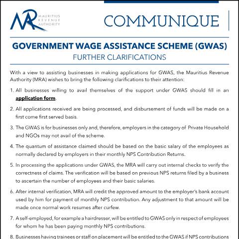 Document preview: Government Wage Assistance Scheme (GWAS) : Further Clarifications (24.03.20) — Document, Mauritius (CERFA n°WGAS240320)