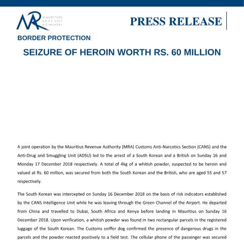 Document preview: Border Protection - Seizure of heroin worth Rs. 60 million (20.12.18) — Regulation / Order, Mauritius (CERFA n°PressRelease201218)