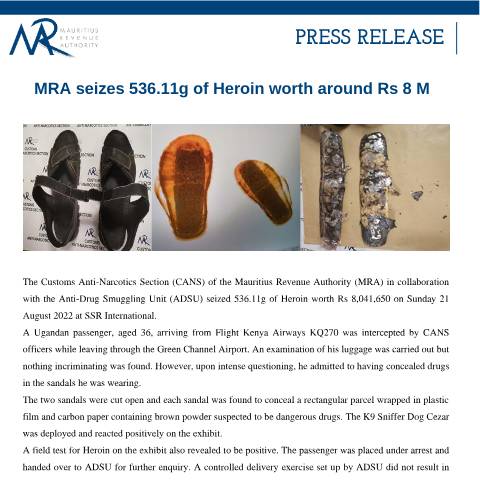 Document preview: MRA seizes 536.11 g of Heroin worth around Rs 8 M (27.08.22) — Document, Mauritius (CERFA n°PressRelease270822)