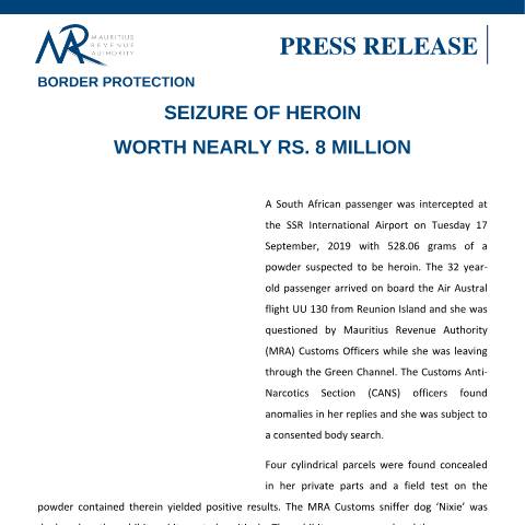Document preview: Seizure of heroin worth Rs. 8 million (23.09.19) — Document, Mauritius (CERFA n°PressRelease200919)