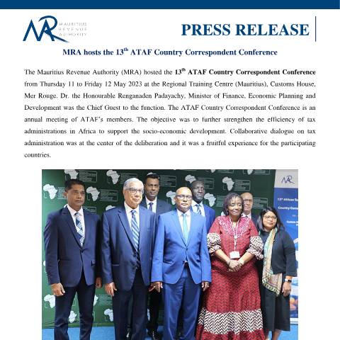 Document preview: MRA hosts the 13th ATAF Country Correspondent Conference (12.05.23) — Document, Mauritius (CERFA n°PressRelease120523)
