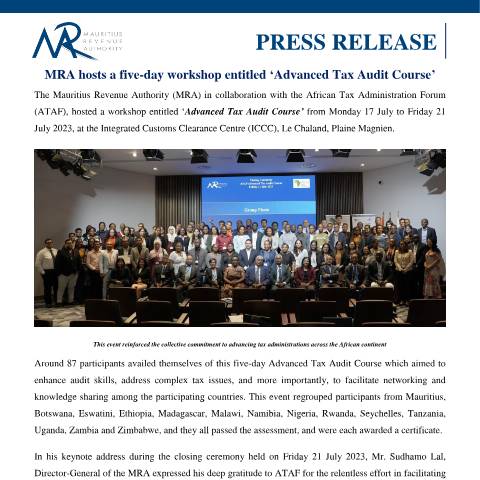 Document preview: MRA hosts a five-day workshop entitled ‘Advanced Tax Audit Course’ (24.07.23) — Document, Mauritius (CERFA n°PressReleaseTaxAudit240723)