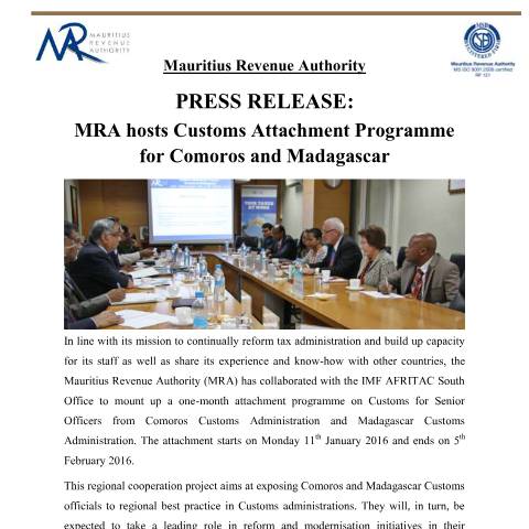 Document preview: MRA hosts Customs Attachment Programme for Comoros and Madagascar (11.01.16) — Document, Mauritius (CERFA n°PressRelease120115)