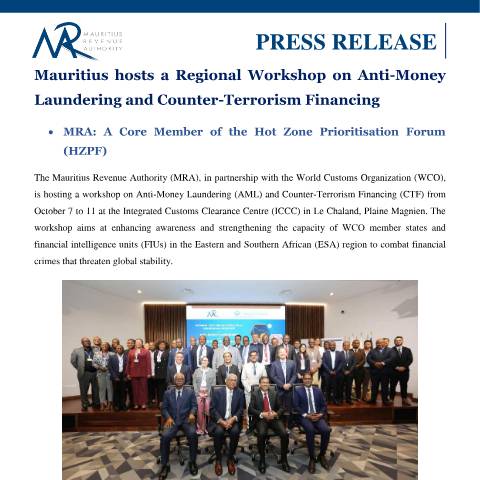 Document preview: Mauritius hosts a Regional Workshop on Anti-Money Laundering and Counter-Terrorism Financing (07.10.24) — Document, Mauritius (CERFA n°PressRelease071024)