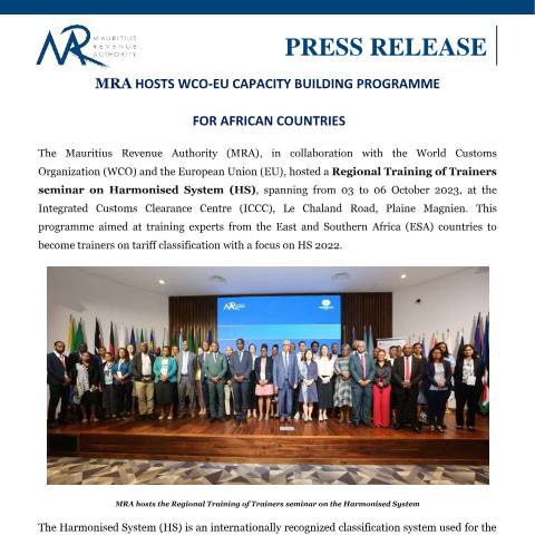 Document preview: MRA hosts WCO-EU Capacity Building Programme for African Countries (06.10.23) — Document, Mauritius (CERFA n°PressReleaseWCO061023)