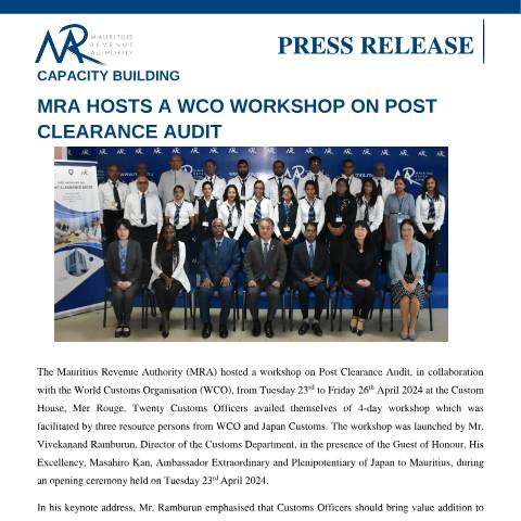 Document preview: Capacity Building : MRA hosts a WCO Workshop on Post Clearance Audit (26.04.24) — Document, Mauritius (CERFA n°PressRelease260424)