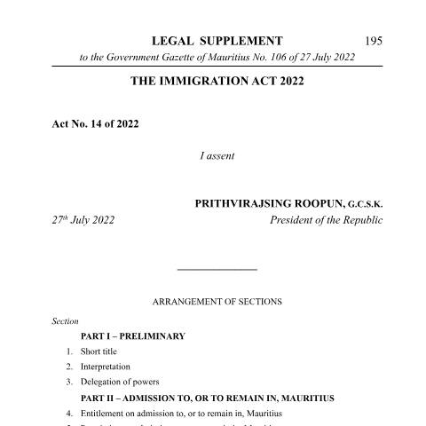 Document preview: Immigration Act 2022 — Act / Law, Mauritius (CERFA n°Immigration-Act-2022)