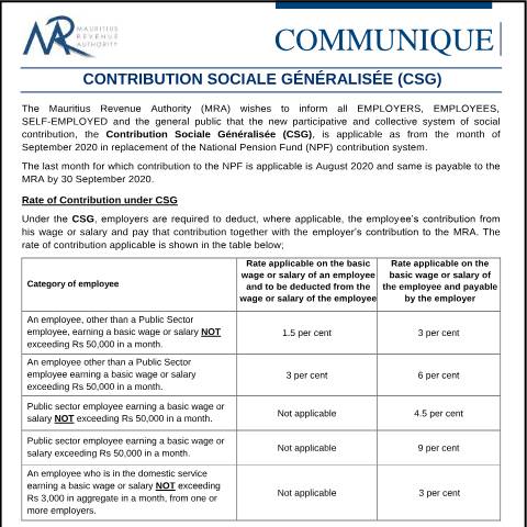 Document preview: Contribution Sociale Généralisée (CSG) (22.09.20) — Notice / Circular, Mauritius (CERFA n°CommuniqueCSG)