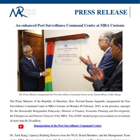 Document preview: An enhanced Port Surveillance Command Centre at MRA Custom (07.02.23) — Document, Mauritius (CERFA n°PressRelease070223)