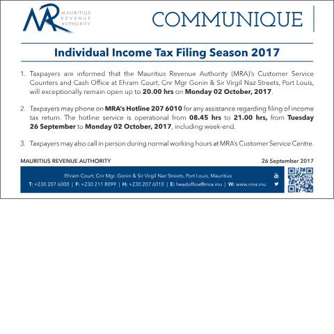 Document preview: Closing Hours : Individual Income Tax Filing Season 2017 (26.09.17) — Document, Mauritius (CERFA n°ClosingHoursFiling2017)