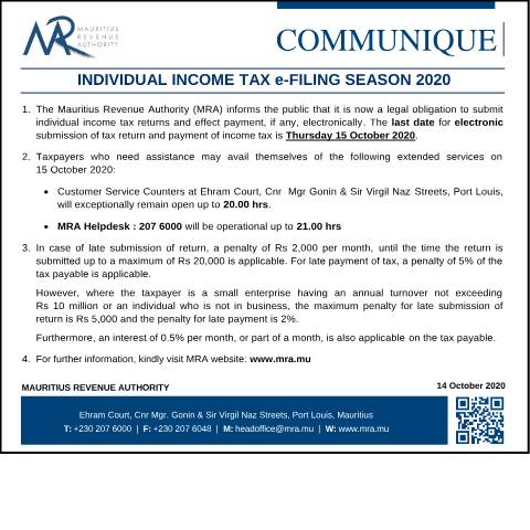 Document preview: Individual Income Tax e-Filing Season 2020: Closing Hours (14.10.20) — Document, Mauritius (CERFA n°FilingSeason2020-ClosingHours141020)