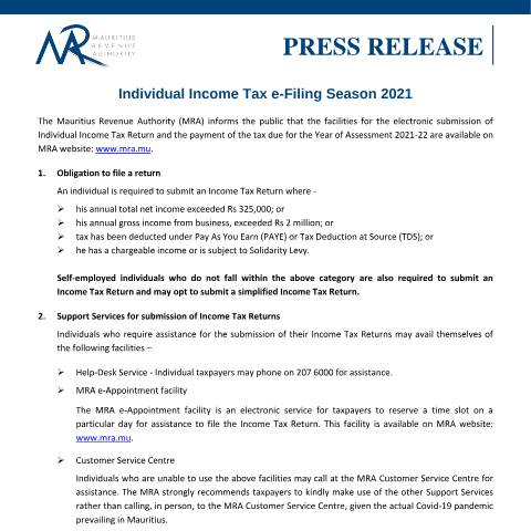 Document preview: Individual Income Tax e-Filing Season 2021 (14.10.21) — Document, Mauritius (CERFA n°PRFilingSeason2021)