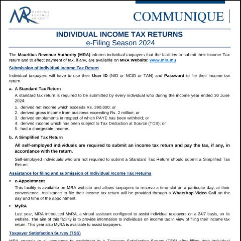 Document preview: Individual Income Tax Returns : e-Filing Season 2024 (29.08.24) — Form, Mauritius (CERFA n°FilingSeason290824)