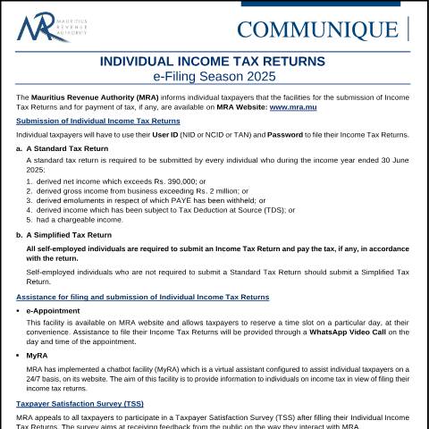Document preview: Individual Income Tax Returns e-Filing Season 2025 (29.08.25) — Form, Mauritius (CERFA n°FilingSeason2025)