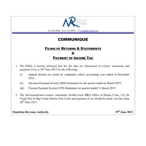 Document preview: Filing of Returns &amp; Statements and Payment of Income Tax (19.06.15) — Form, Mauritius (CERFA n°MRACommuniqueFilingofReturns)