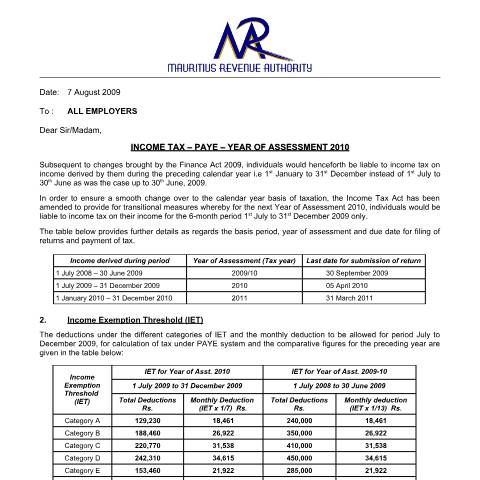 Document preview: All Employers ( INCOME TAX - PAYE - YEAR OF ASSESSMENT 2010) (7.08.2009) — Notice / Circular, Mauritius (CERFA n°CircularLetterEmployersAug2009)