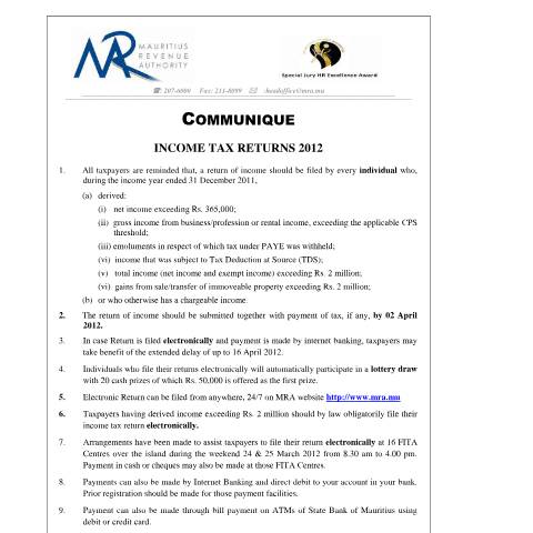 Document preview: Income Tax Returns 2012 (16.03.2012) — Form, Mauritius (CERFA n°CommuniqueFilingofIncomeTAxReturn2012)