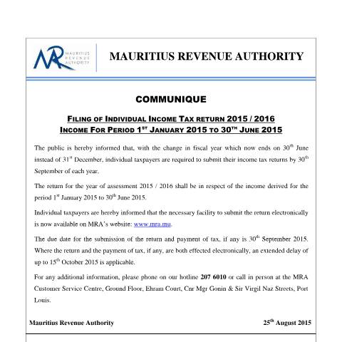 Document preview: Filing of Individual Income Tax Return 2015 / 2016 (25.08.15) — Form, Mauritius (CERFA n°EFiling2015-2016)