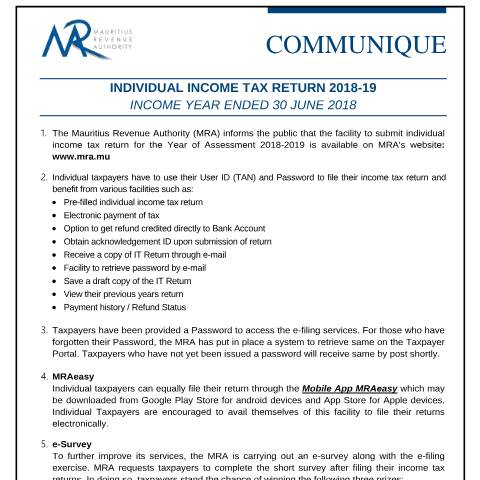 Document preview: Individual Income Tax Return 2018 / 19 (11.09.18) — Form, Mauritius (CERFA n°FilingSeason2018)