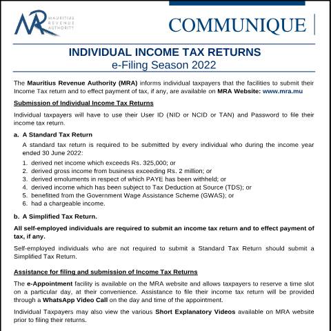 Document preview: Individual Income Tax Returns : e-Filing Season 2022 (25.08.22) — Form, Mauritius (CERFA n°FilingSeason2022)