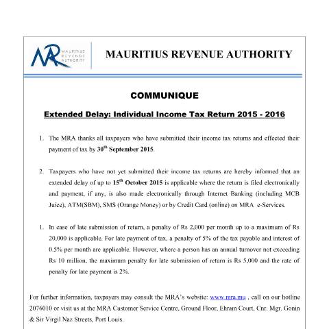 Document preview: Individual Income Tax Return : Extended Delay (01.10.15) — Form, Mauritius (CERFA n°ExtendedDelay011015)