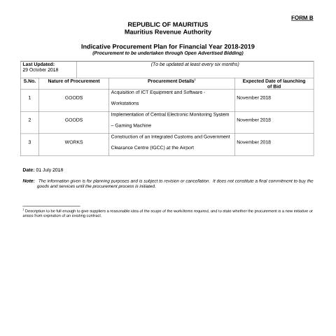 Document preview: Indicative Procurement Plan for Financial Year 2018-2019 (01.11.18) — Publication, Mauritius (CERFA n°IndicativeProcurementPlan)
