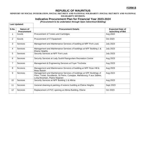 Document preview: Form_B -Indicative_Annual_Procurement_Plan FY 2023-24 — Publication, Mauritius (CERFA n°Form_B-Indicative_Annual_Procurement_Plan-FY-2023-24)