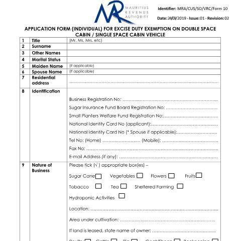 Document preview: Application Form (Individual) — Form, Mauritius (CERFA n°IndividualForm10)