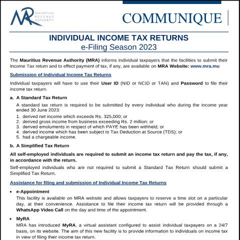 Document preview: Individual Income Tax Returns : e-Filing Season 2023 (01.09.23) — Form, Mauritius (CERFA n°FilingSeason2023)