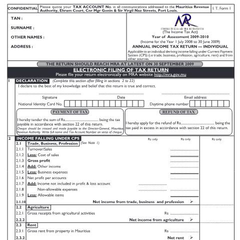 Document preview: Individual Return 01 — Form, Mauritius (CERFA n°ITFORM010910)