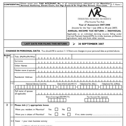 Document preview: Individual Return 01 — Form, Mauritius (CERFA n°Return010708)