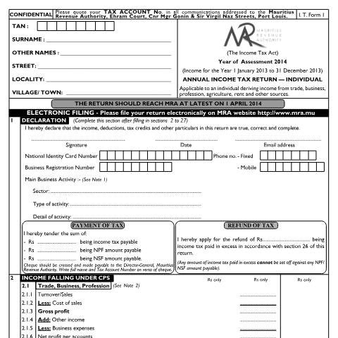 Document preview: Individual Return 01 — Form, Mauritius (CERFA n°20140115_Form01)