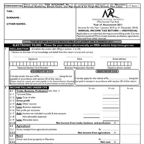 Document preview: Individual Return 01 — Form, Mauritius (CERFA n°Return01final2011)