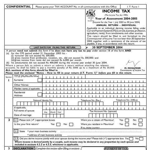 Document preview: Individual Return 01 (mixed income) — Form, Mauritius (CERFA n°ind0104)