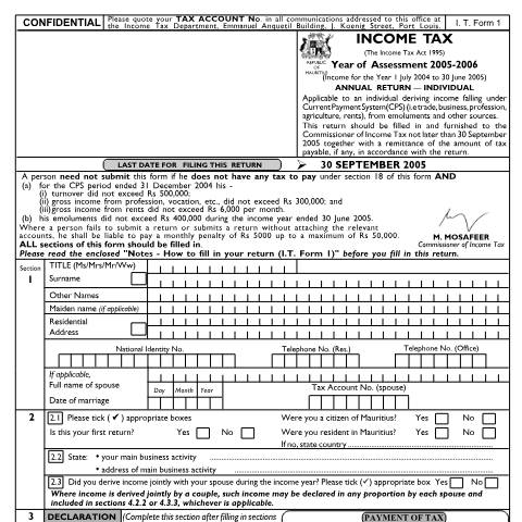 Document preview: Individual Return 01 (mixed income) — Form, Mauritius (CERFA n°ind0105)