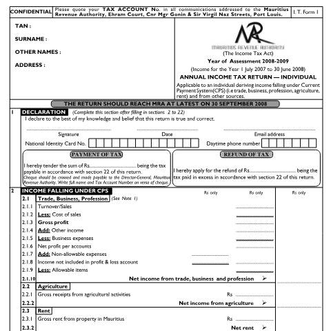 Document preview: Individual Return 01 &amp; Notes — Form, Mauritius (CERFA n°Individual01_070808)