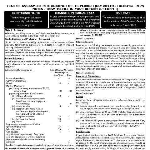 Document preview: Notes on Individual Return 01 — Form, Mauritius (CERFA n°Return01Notes2010)