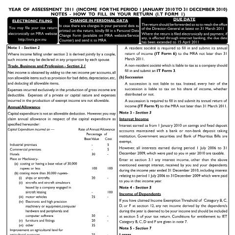 Document preview: Notes on Individual Return 01 — Form, Mauritius (CERFA n°Return01Notes2011)