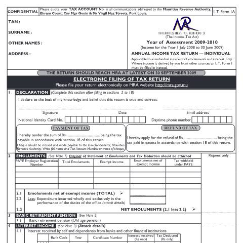 Document preview: Individual Return 1A (for Employees only) — Form, Mauritius (CERFA n°ITForm1A0910Final)