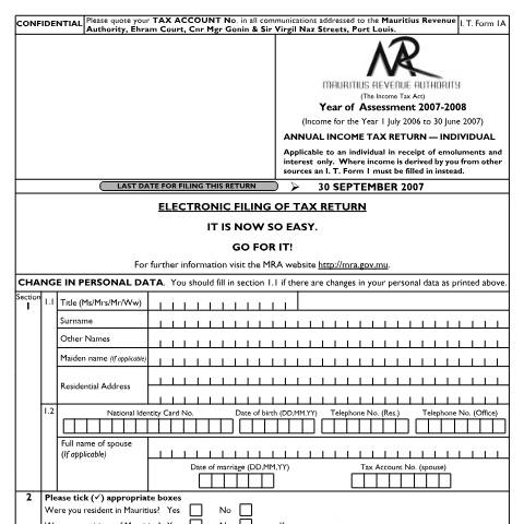 Document preview: Individual Return 1A (for Employees only) — Form, Mauritius (CERFA n°Return1A0708)