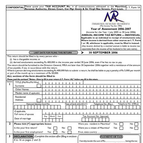 Document preview: Individual Return 1A (for Employees only) — Form, Mauritius (CERFA n°ind1a06)