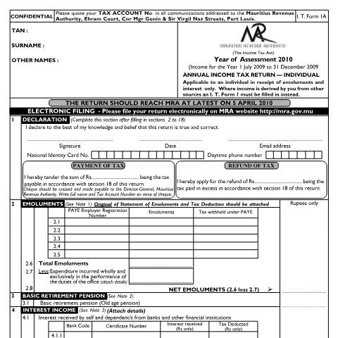 Document preview: Individual Return 1A (for Employees only) — Form, Mauritius (CERFA n°Return1AFINAL2010)