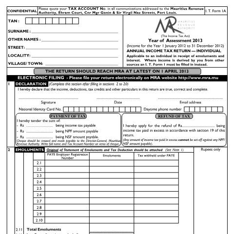 Document preview: Individual Return 1A (for Employees only) — Form, Mauritius (CERFA n°Form1A2013)