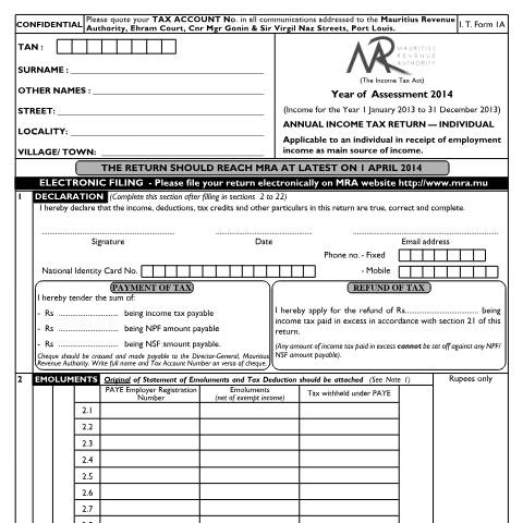 Document preview: Individual Return 1A (for Employees only) — Form, Mauritius (CERFA n°20140120_Form1A)